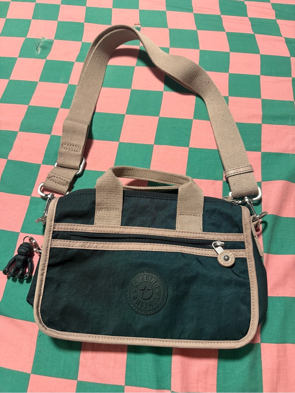 Kipling Forest Green Crossbody Bag with Beige Trim